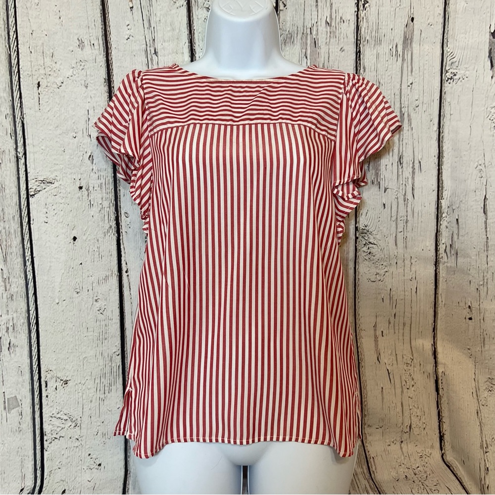 Loft red white striped flutter short ruffled sleeve top simple festive elegance